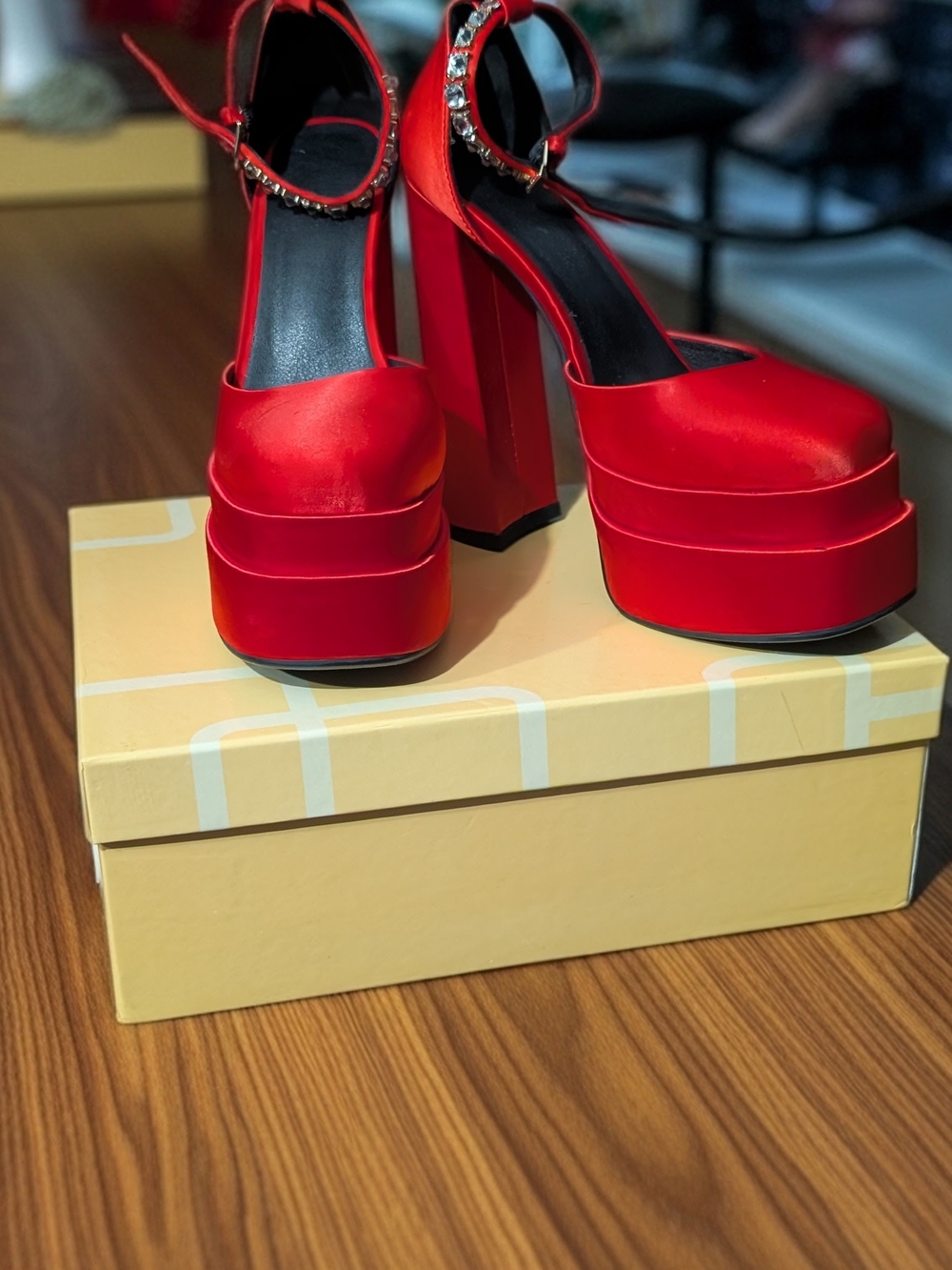 Satin Red Platform Ankle-Strap High Block Heels
